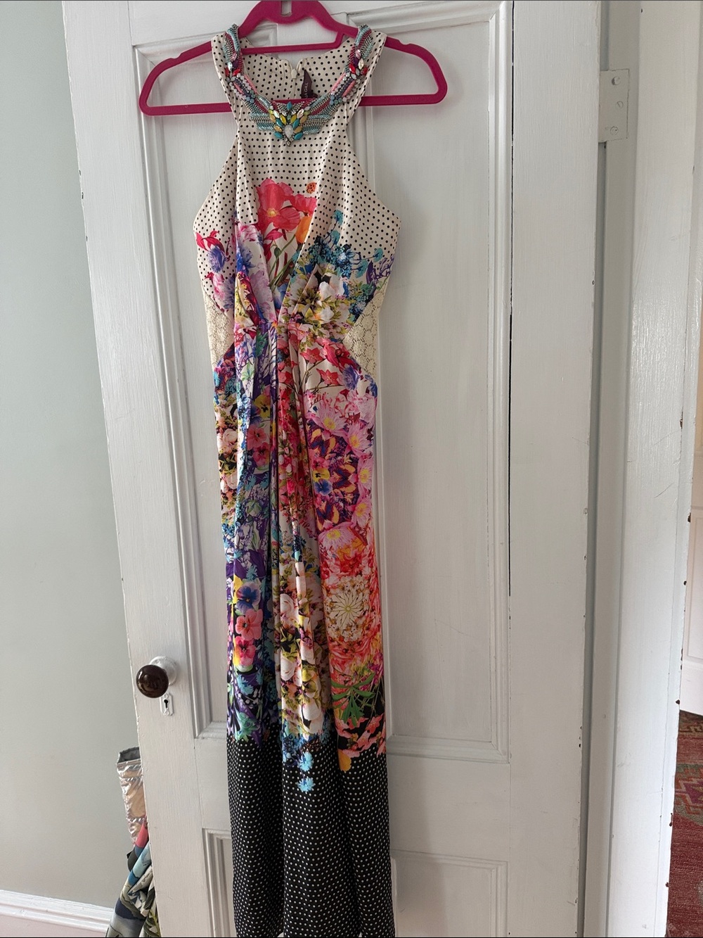 Ranna Gill Cream Floral Halter Maxi with Black Polka-Dot Hem